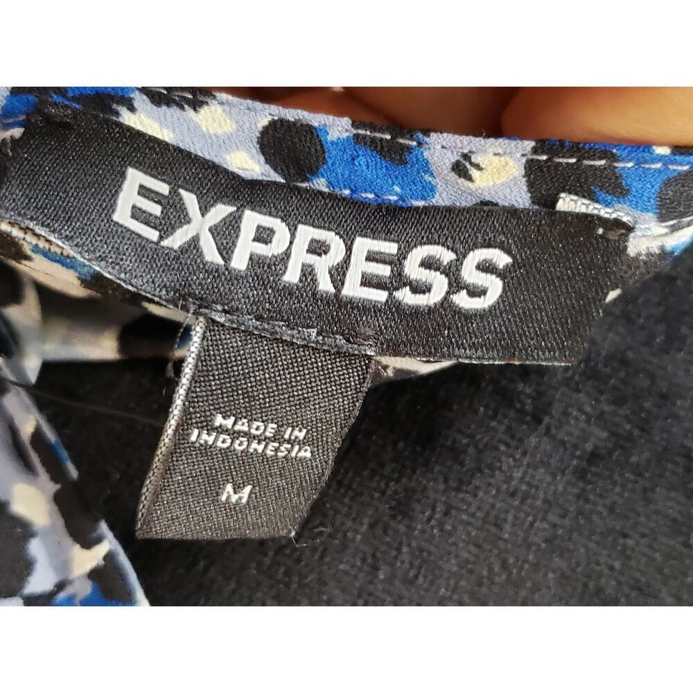 Express Blouse Top Womens Medium Blue Abstract Print Long Sleeve V-Neck Pullover - Picture 2 of 13